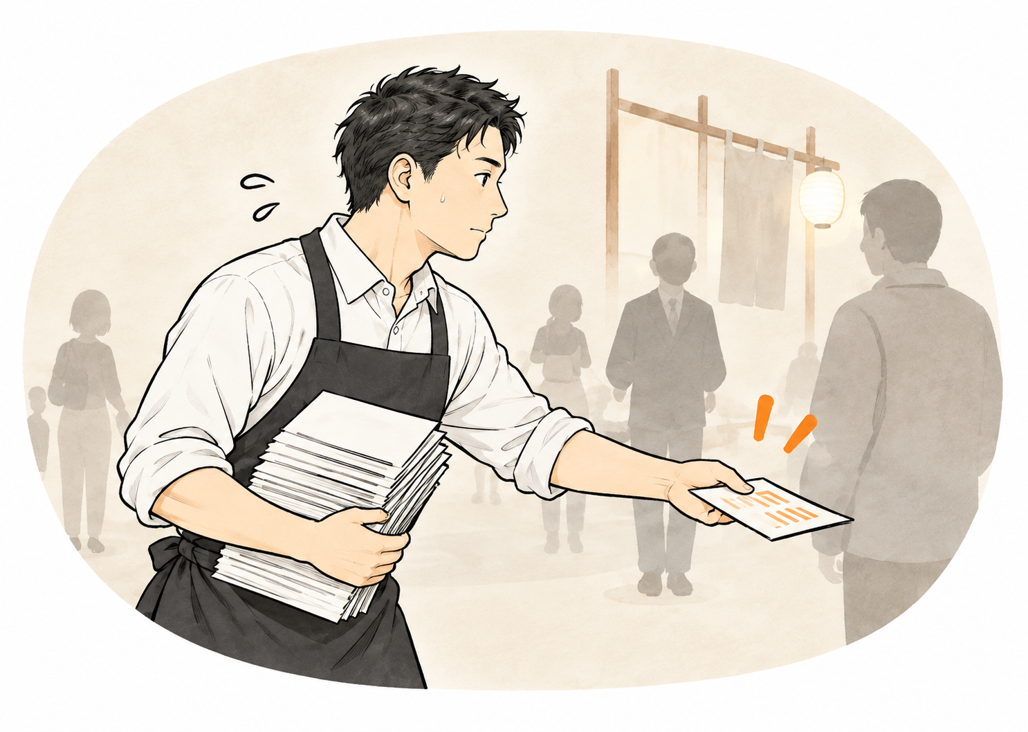 お店の前で新しいお客様を待つ店主